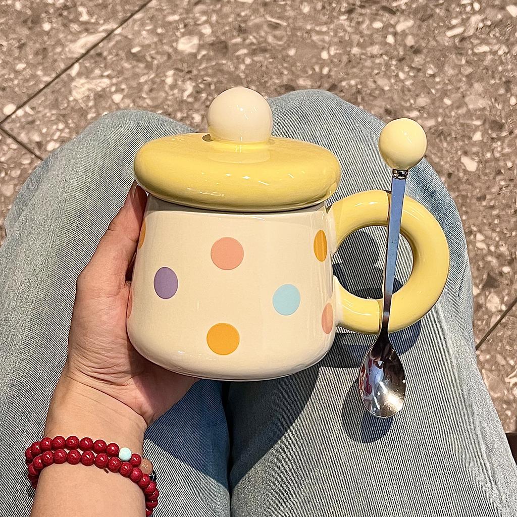 Chubby mug with lid spoon ceramic mug large capacity water cup couple home coffee breakfast cup souvenir
