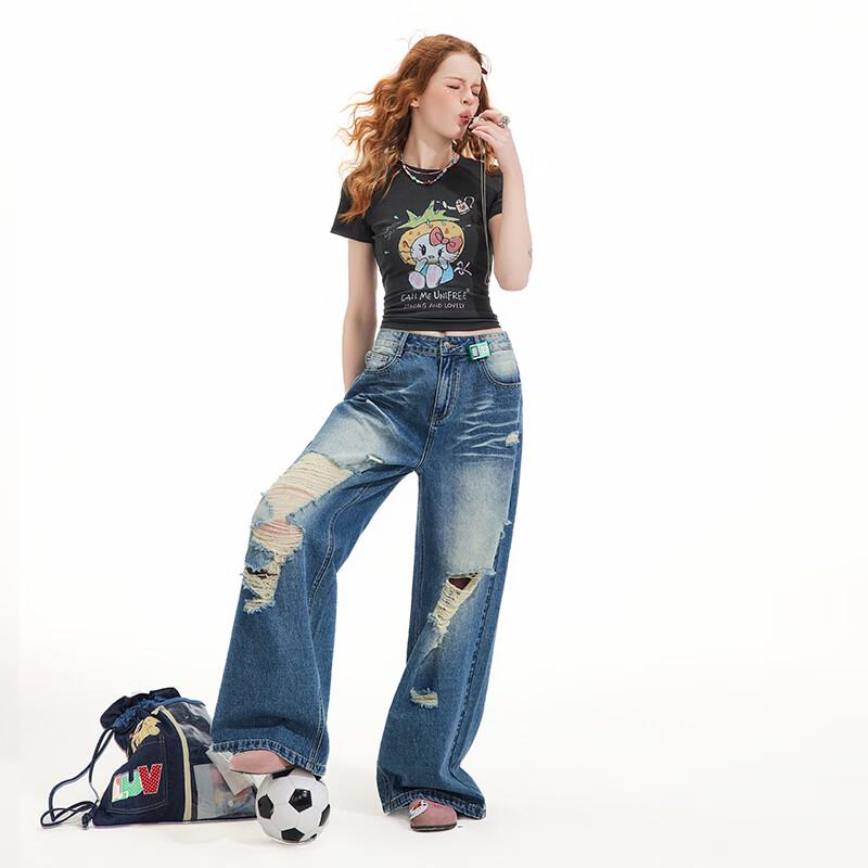 UNIFREE Ripped Baggy Low-Waist Wide-Leg Jeans
