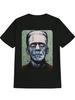 Casual Frankenstein Portrait Graphic T-shirt - Black Round Neck Summer Tee with Vibrant Green Swirl Design