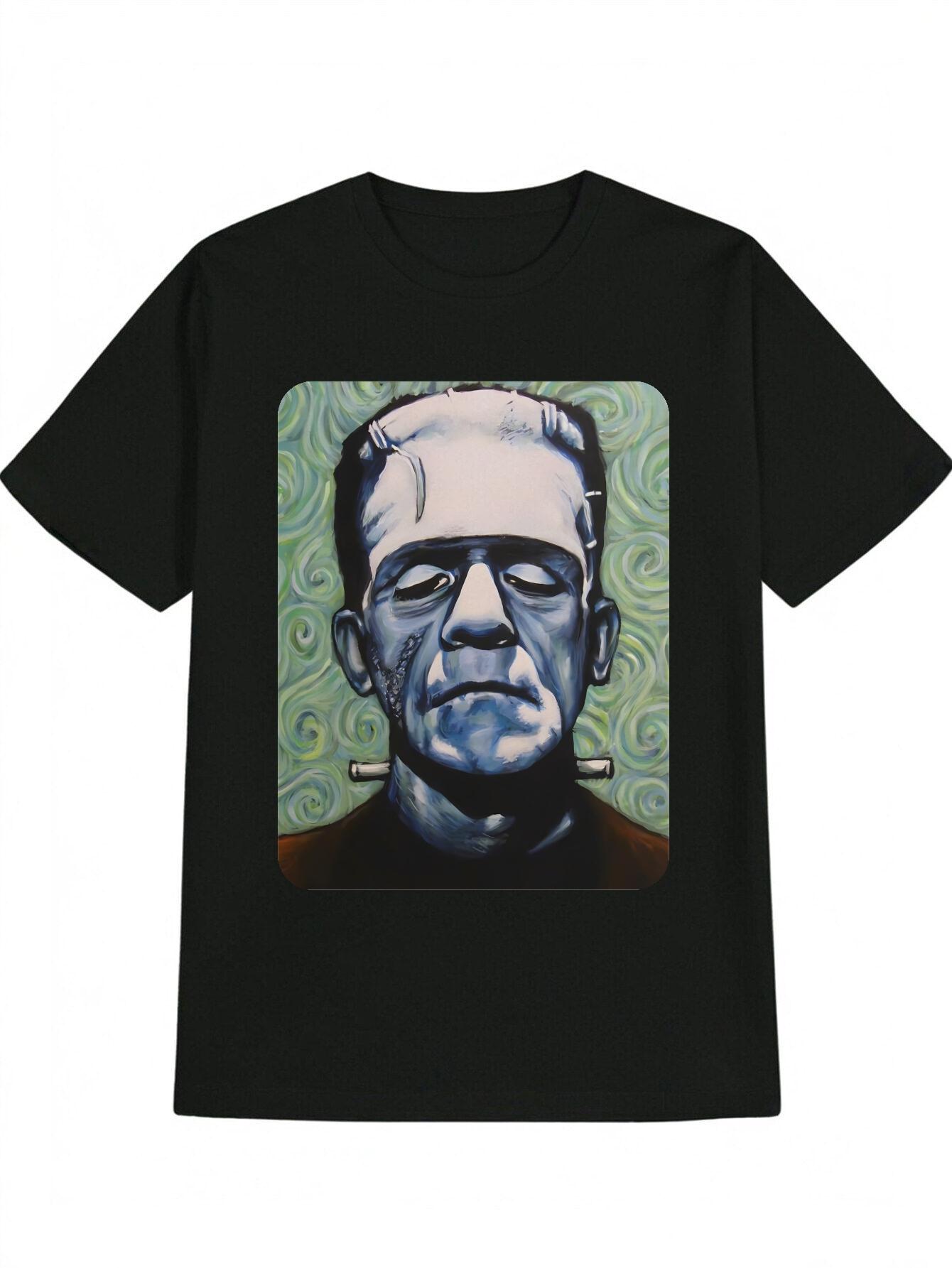 Casual Frankenstein Portrait Graphic T-shirt - Black Round Neck Summer Tee with Vibrant Green Swirl Design S