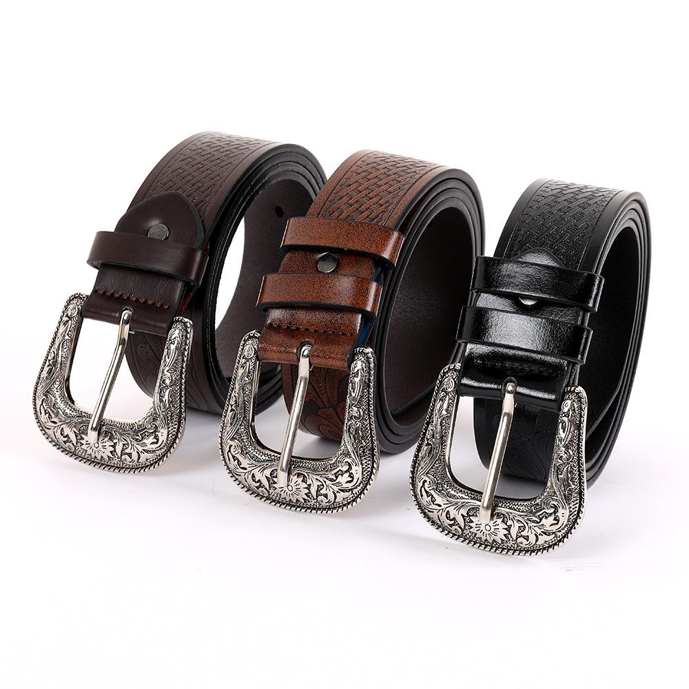 Retro Western-Style Leather Belt with Carved Metal Buckle and Embossed Design