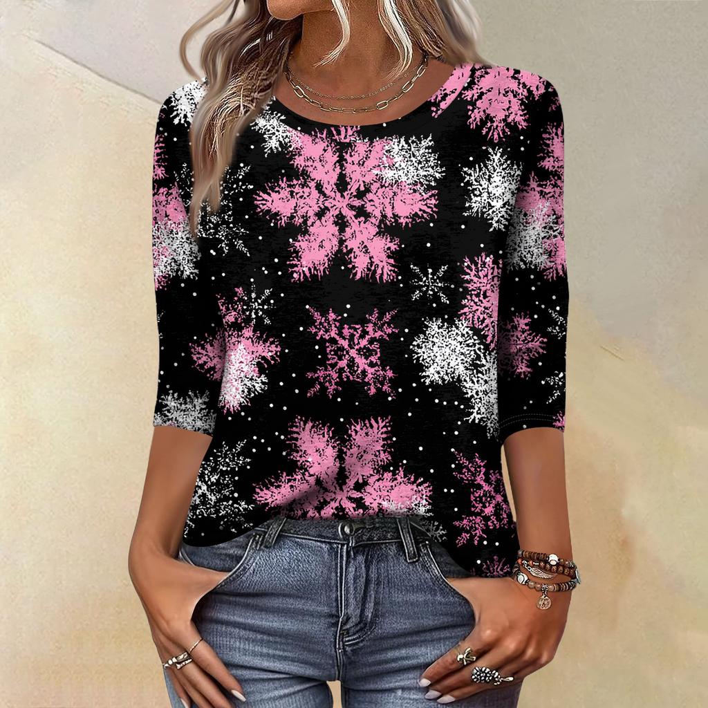 Women's Fashion Casual Christmas Tree Printed Round Neck Three-Quarter Sleeve T-Shirt Top