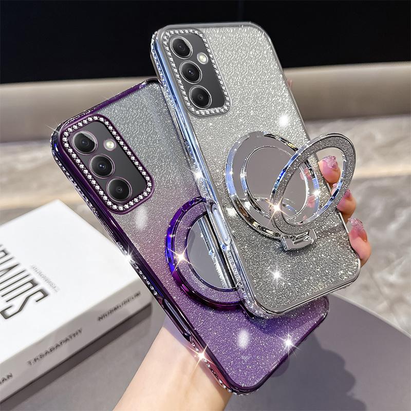 KEYSION Luxury Glitter Jewelled Magnetic Phone Case for Samsung Galaxy A54 5G A34 A24 A14 Makeup Mirror Stand Shockproof Cover