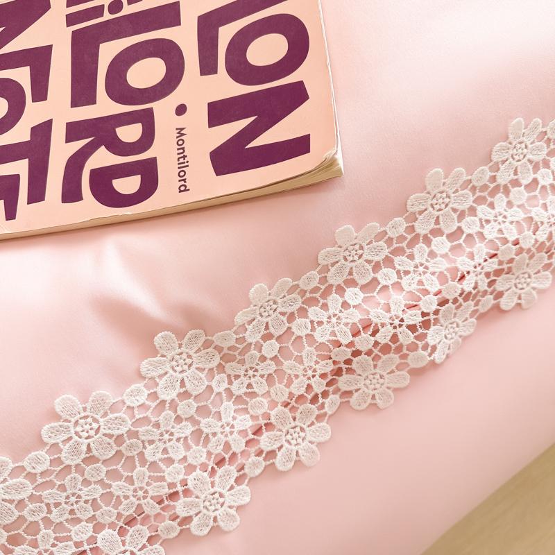 Solid Color Bedding Set with Lace Edge Princess Style Pink Bed Cover Set Queen/King Bed Sheet Sets for Girls Double Bedding Sets