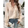 Camicia a quadri con pizzo, scollo a V, nuova collezione primaverile europea e americana, camicia a maniche lunghe alla moda ed elegante francese per donna