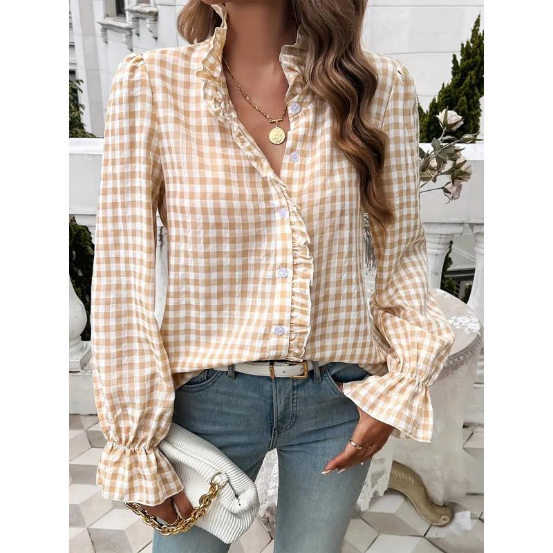 Camicia a quadri con pizzo, scollo a V, nuova collezione primaverile europea e americana, camicia a maniche lunghe alla moda ed elegante francese per donna