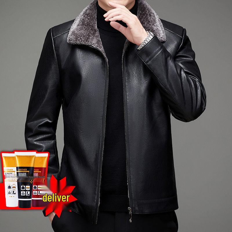 2024 Men's Fleece-Lined & Thin Style Winter Leather Jacket for Middle-Aged and Elderly