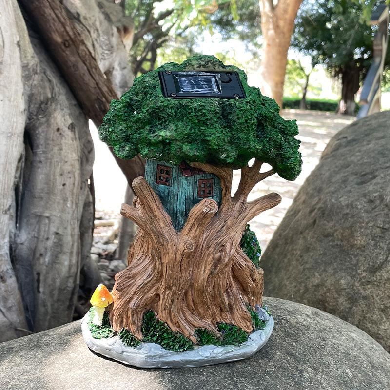 Solar Lamp Elf Tree House Resin Statue, Garden Elf House Statue, Fairy Tale Landscape Sculpture Ornament, Courtyard Home Desktop Decoration