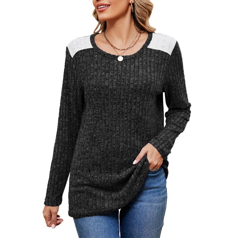 New Autumn and Winter Contrasting Color Round Neck Loose Long-sleeved T-shirt Brushed Top for Women