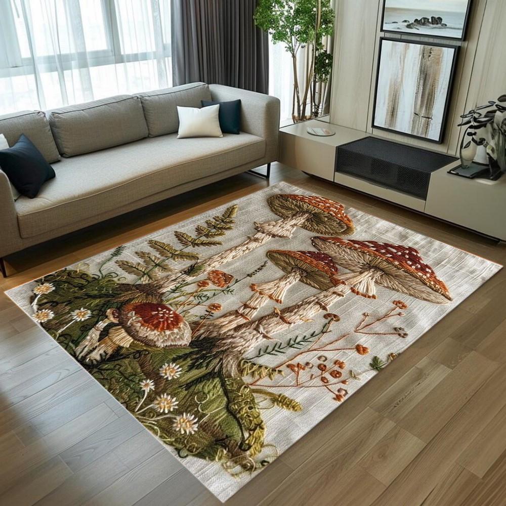 3D Embroidery Mushroom Pattern Area Rug Non-Slip Soft Durable Washable Floor Mat Decor Carpet for Living Room Bedroom Home Decor