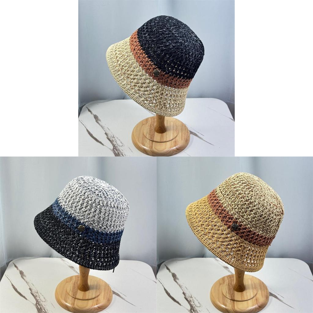 Vintage Color Block Knit Cotton Linen Fisherman Hat For Women Spring Summer Bucket Hat Sunscreen Chapeau Retro