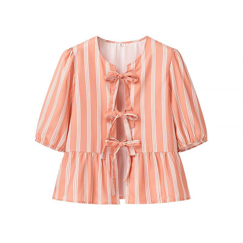 

Zbza Spring New Arrival Women s Clothing Fashion Style French Fashion Design Vertical Stripes Bows Shoelace Shirt Yellow L