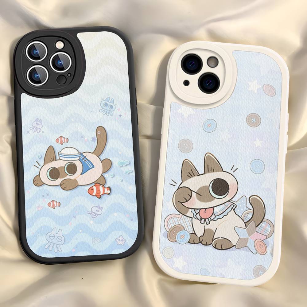 Cartoon Siamesische Katze Paar Handyhülle für iPhone 16 15 14 11 12 13 Pro Max Plus Rückseite Lederhülle