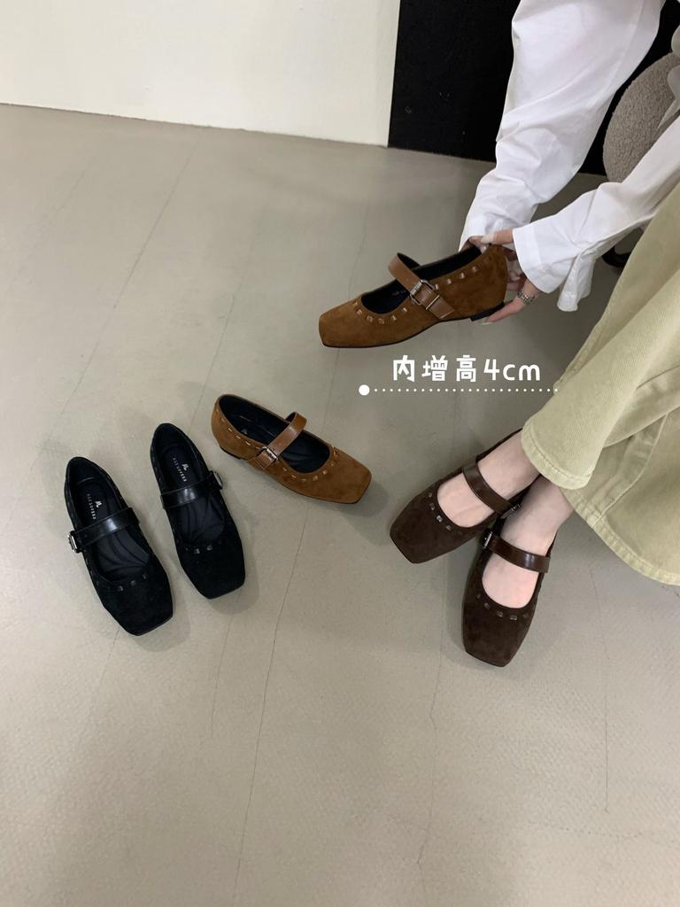 French retro Mary Jane shoes women's autumn models with flat bottom woven square head single shoes inner height increase with skirt women's shoes