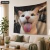 Quirky White Cat Tapestry Silly Face Meme Wall Hanging Flat Print Aesthetic Room Decor for Teen Bedroom Dorm Living Room