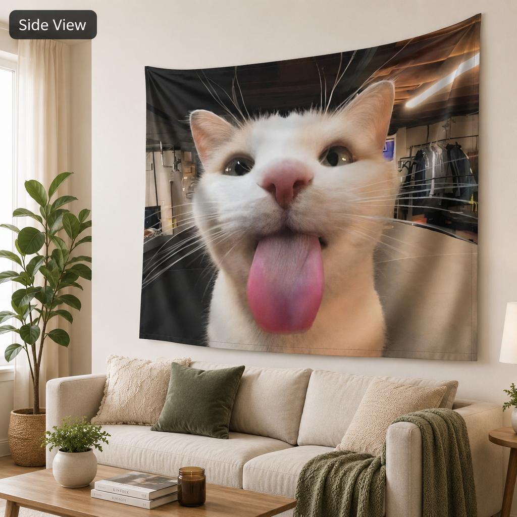 Quirky White Cat Tapestry Silly Face Meme Wall Hanging Flat Print Aesthetic Room Decor for Teen Bedroom Dorm Living Room