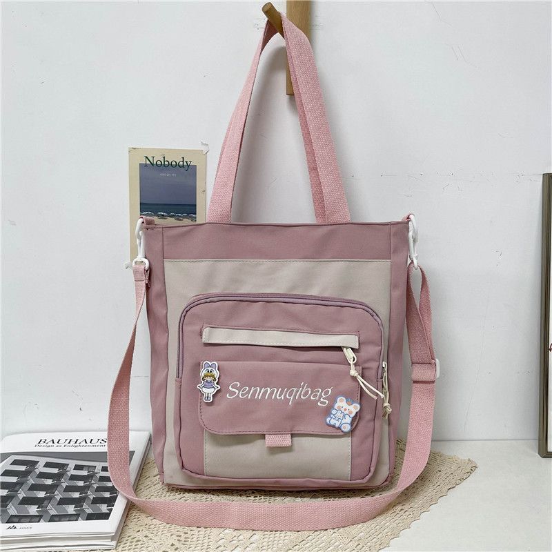 

Bag Female Junior High School Student Make-up Class Handbag Canvas Bag Pink Satchel Shoulder Bag Without Pendant