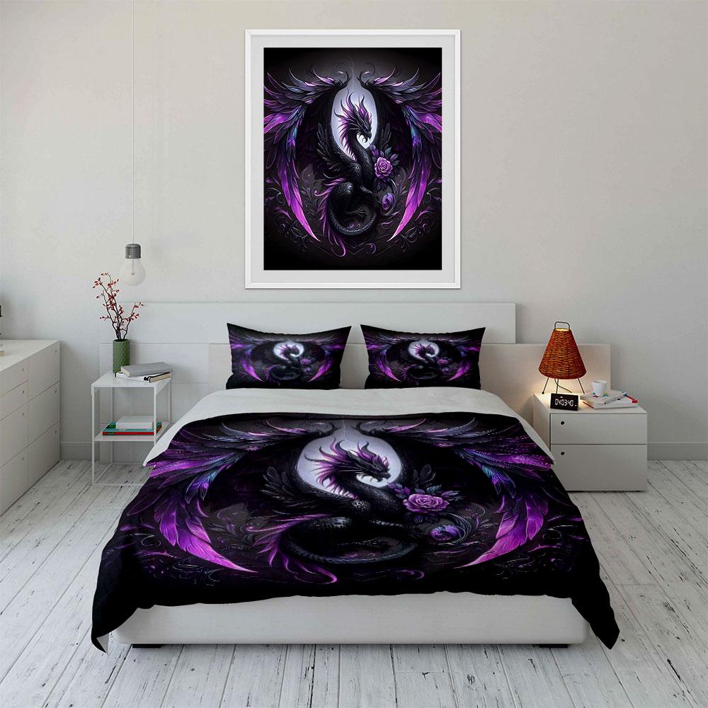 Dark Fantasy Black Dragon and Purple Rose Bedding Set for Kids Luxury Gift 3pcs Digital Print Comforter Set Soft Comfortable