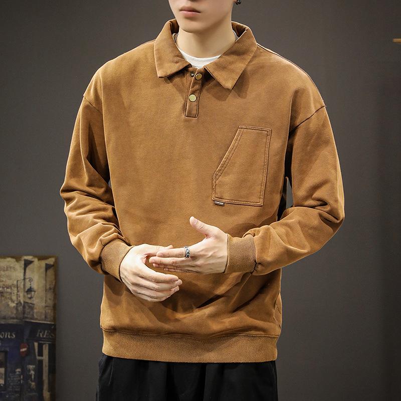 Winter Trendy Brand American Retro Polo Shirt Sweater Men'S Loose Large Size Heavy Washed Old Casual Lapel