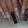 24pcs Pink Leopard Print Fake Nails French Press on Nails Y2K Sweet Cool Long Square False Nails Stars Pearl Rhinestone Nail Art
