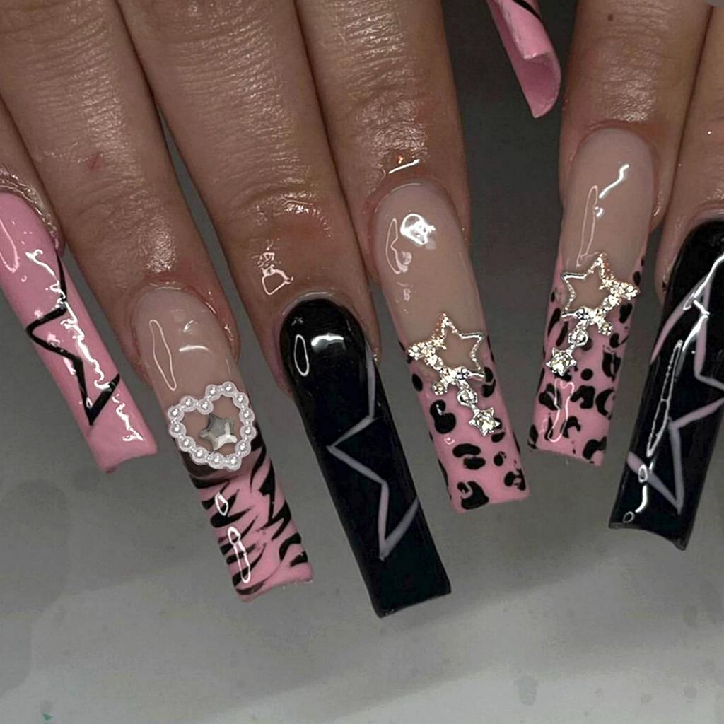 24pcs Pink Leopard Print Fake Nails French Press on Nails Y2K Sweet Cool Long Square False Nails Stars Pearl Rhinestone Nail Art