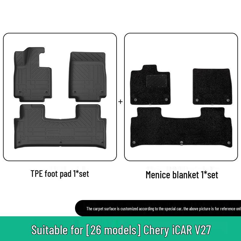 Chery iCAR V27 Car Floor & Trunk Mats Set: TPE Floor, Trunk, and Seat Back Mats.