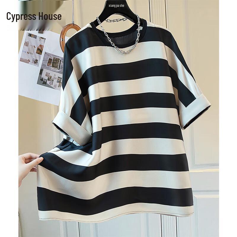 Sibaishe 2026 Summer Women s Striped Round Neck Loose T-shirt S