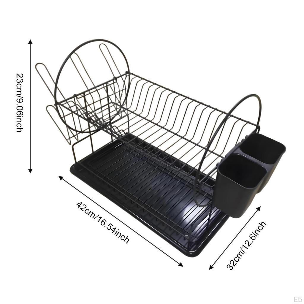 Dish Drying Rack with Cup Holders Space Saving Carbon Steel, Cutlery Holder Drainer for