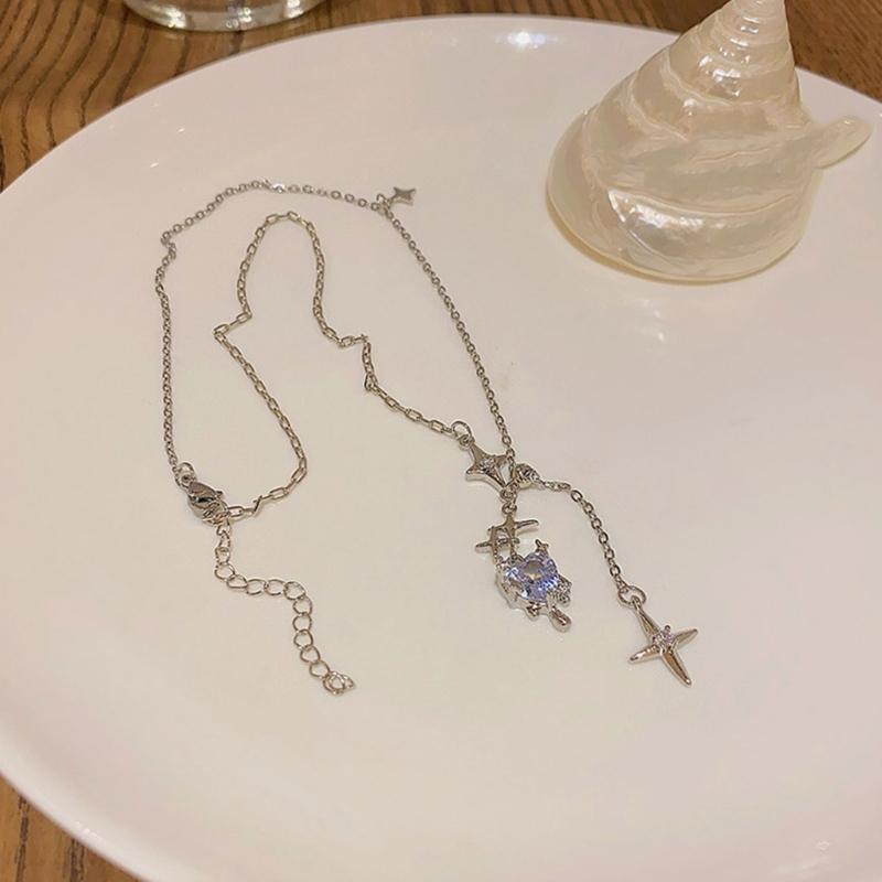 Korean Zircon Crystal Heart Clavicle Necklace Silver Color Y2k Star Pendant Necklaces for Women Aesthetic Jewelry Gift
