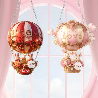 Ornament Agățat Love Acrilic 2D Balon cu Aer Cald și Iepurași Pandantiv Decor Romantic de Ziua Îndrăgostiților pentru Mașină Casă Ușă Fereastră Perete