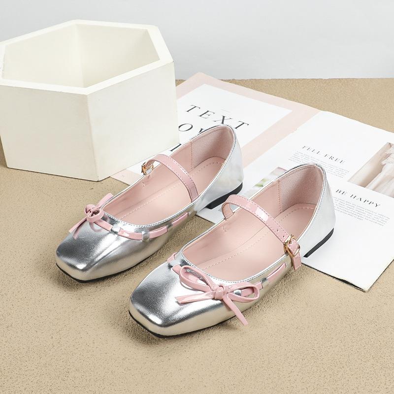 Fashion Contrast Color Bowtie Ballets Shoes Woman Belt Buckle Flats Mary Janes Ladies Silver Shiny Leather Loafers Brides Ballerinas