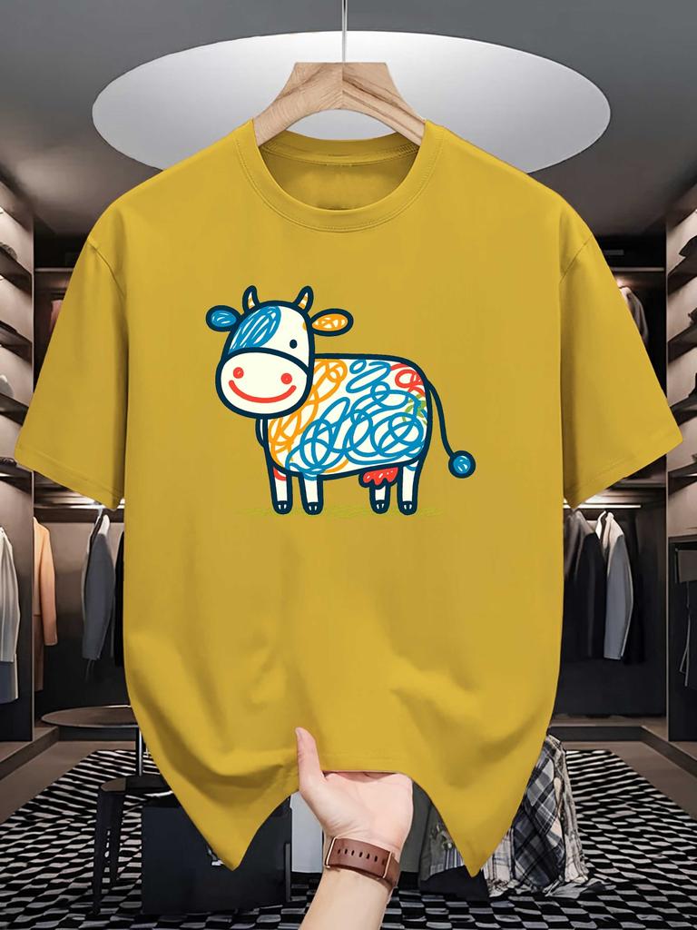Male Red Round Neck T Shirt Simple Hand Drawn Happy Cow Multicolor Scribble Pattern Lovely Farm Creature Daily Cotton Tee