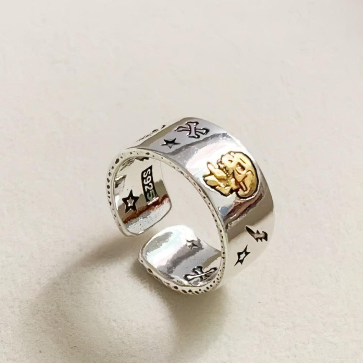 Men s Trendy Vintage Skull Two-Tone Index Ring