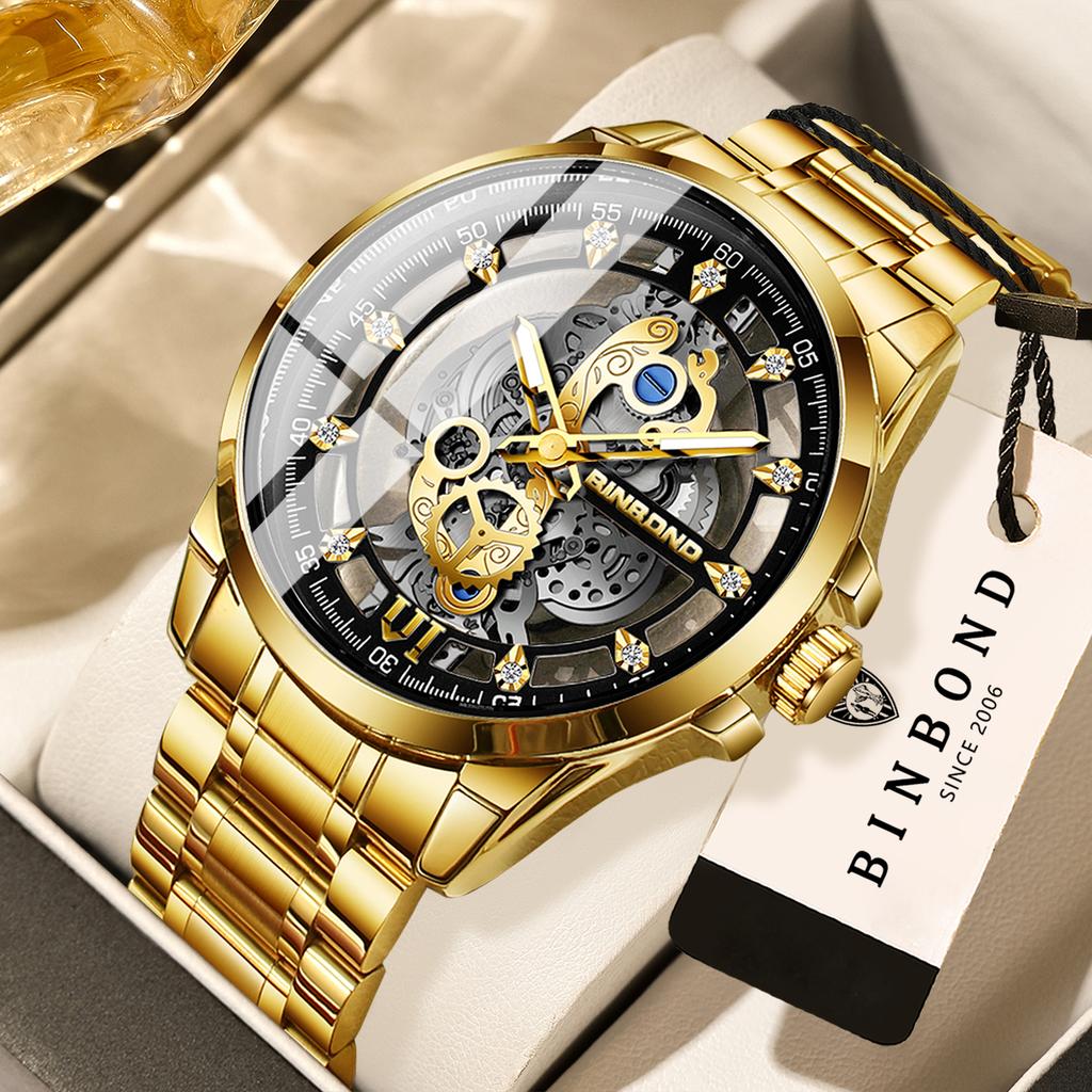 BINBOND Vintage Hollow-out Quartz Wristwatch For Men Luxury Luminous Waterproof Accurate Durable Men's Watch Casual Reloj