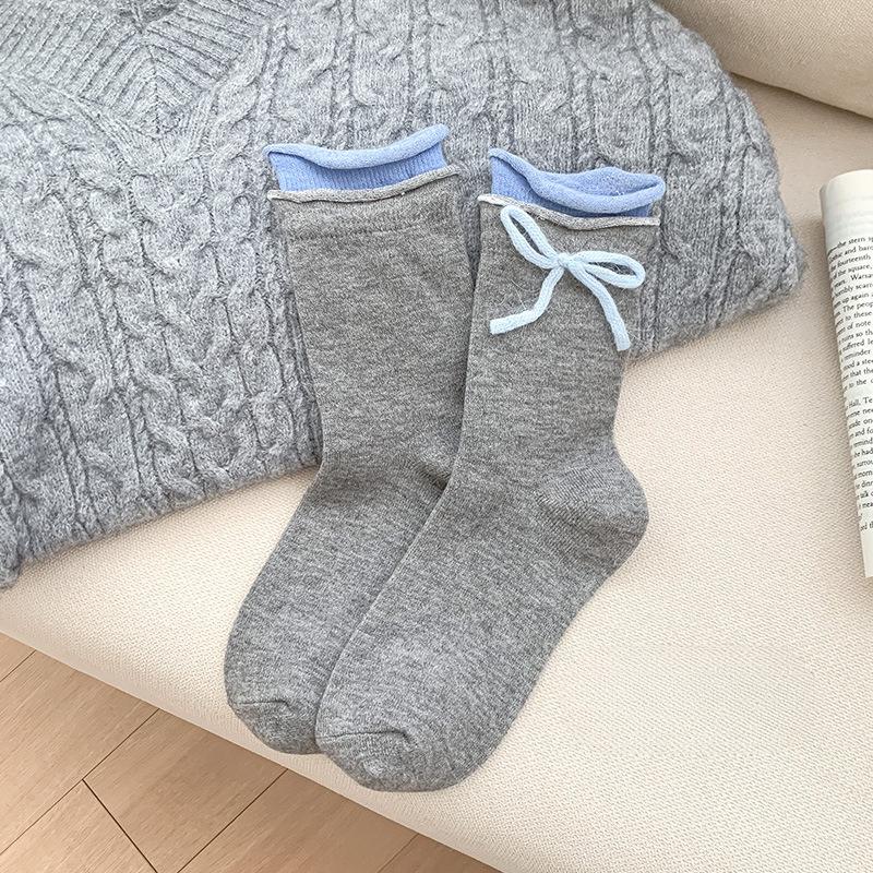 Fall/Winter Gray Warm Fleece Socks - Children's Color-Contrasting Butterfly Knot Mid-Calf Socks with Hollowed-Out Hemp Patterned Layers for Women