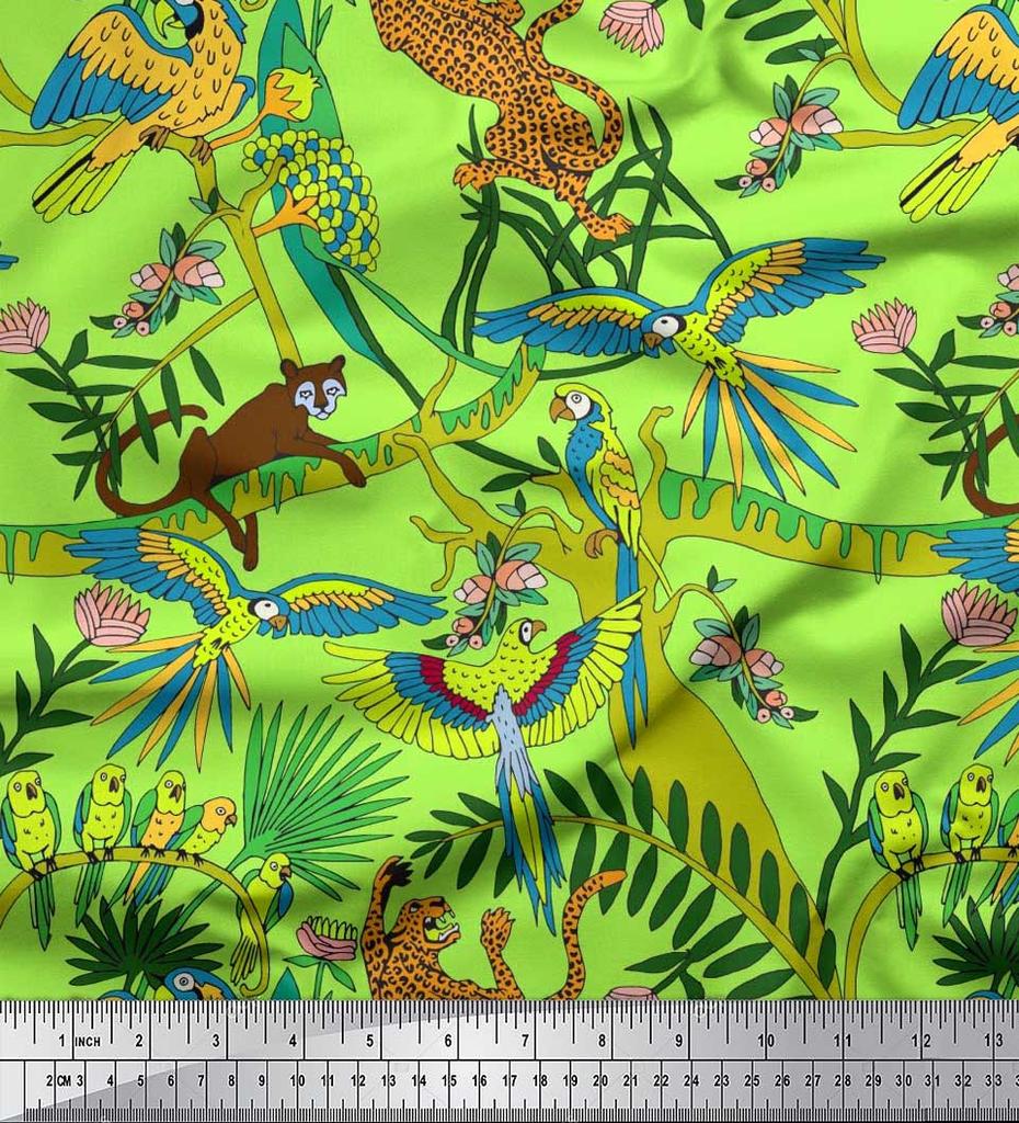 Soimoi Japan Crepe Satin Fabric Branches,Parrot & Leopard Jungle Print Fabric by the metre 42 Inch