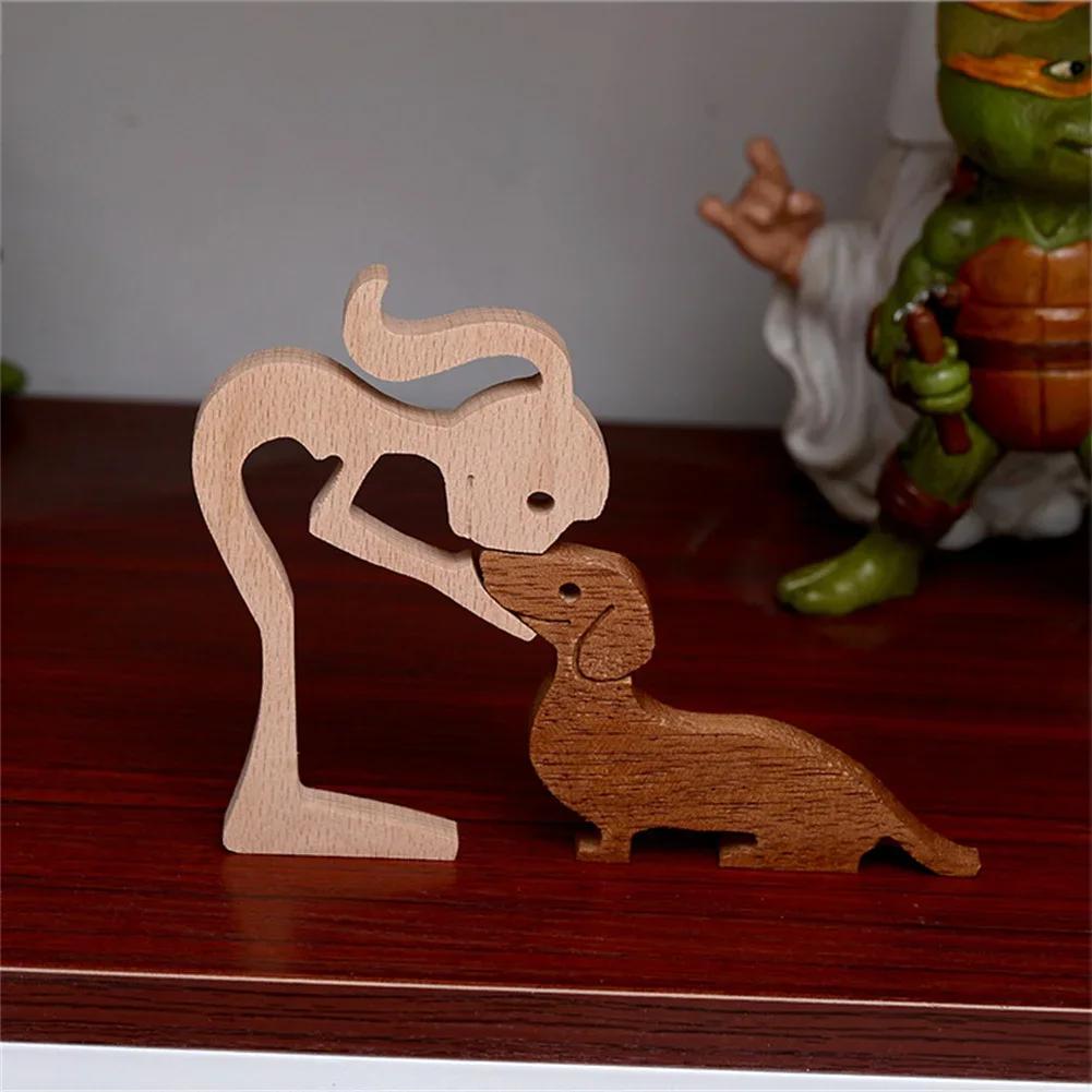 Cucciolo di Famiglia Legno Cane Artigianato Statuetta Ornamento da Tavolo Scultura Modello Decorazione Casa Ufficio Scultura Animale Regalo di Natale