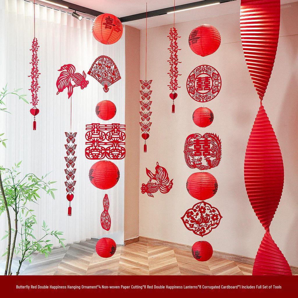 Red Wedding Room Bunting Ceiling Decorations for Bride and Groom's Bedroom and Living Room