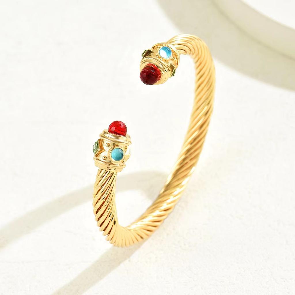 Cable Cuff Bracelets, Stainless Steel Twisted Wire Composite Bracelet Bangles, Adjustable Elegant Jewelry with Rhinestone for Women, Ladies Gift Idea