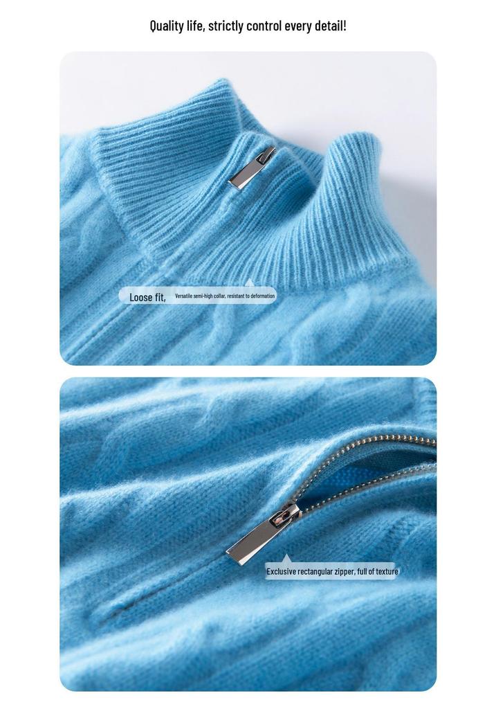 2025 Women's High-Neck Cable Knit Cashmere Sweater - Loose, Versatile Half-Zip Jumper for Autumn/Winter