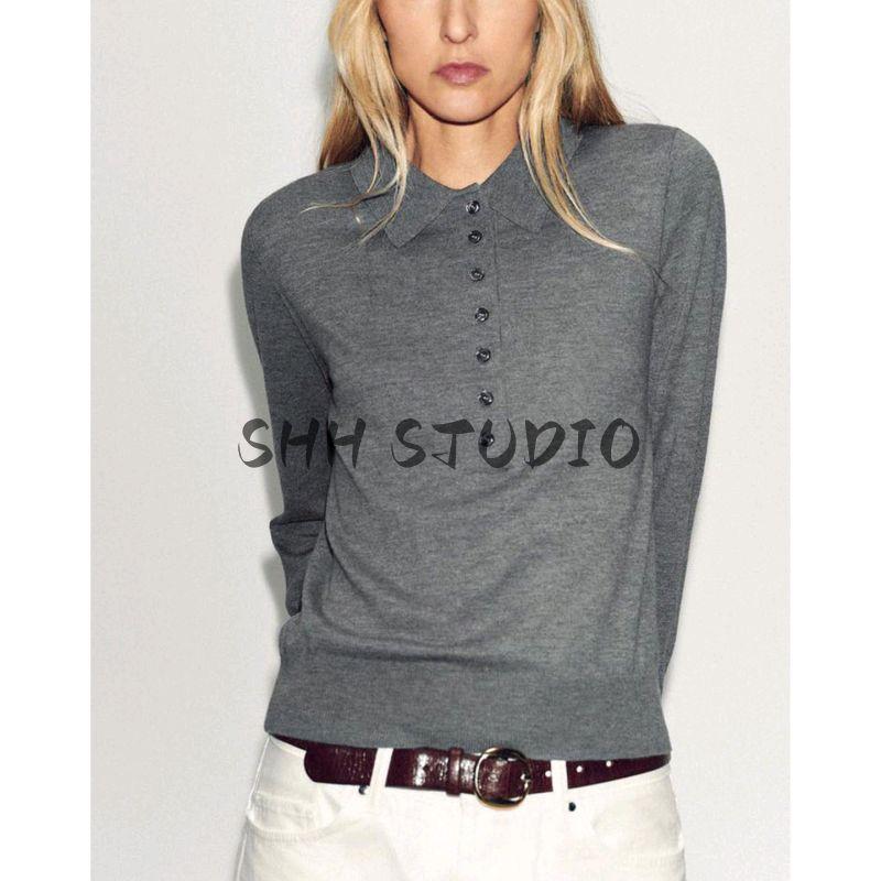 Autumn New Women Clothes Idle Style Decorated Row Button Long Sleeve Polo Shirt Collar Plain Stitch Knit 2142271