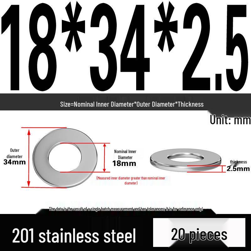 201 Stainless Steel Flat Washer Shim, GB97, Sizes M3 to M30