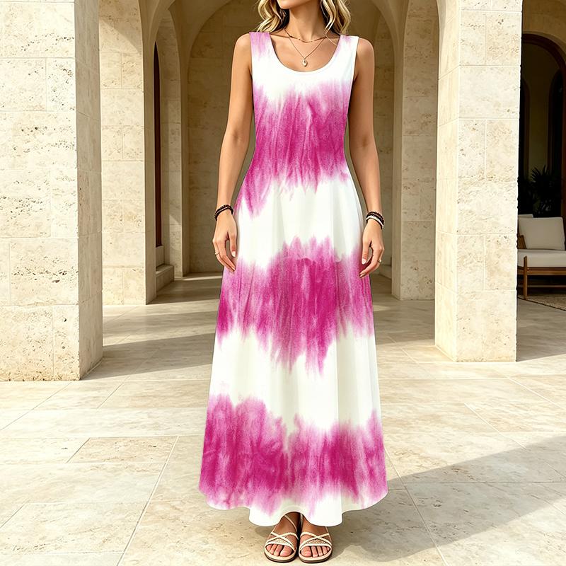 Vibrant Magenta Tie Dye Stripe Print Round Neck Sleeveless Long Dress, Vacation Beach Flowy Maxi Dress