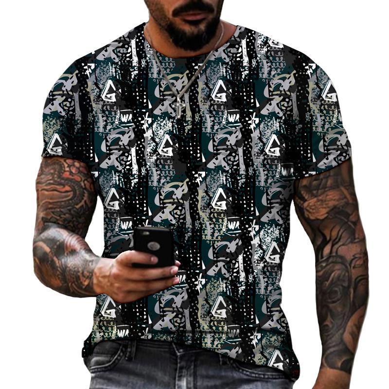 Men's Urban Streetwear Graffiti T-Shirt, Black White Gold Letter Print O-Neck Short Sleeve Casual Daily Tops