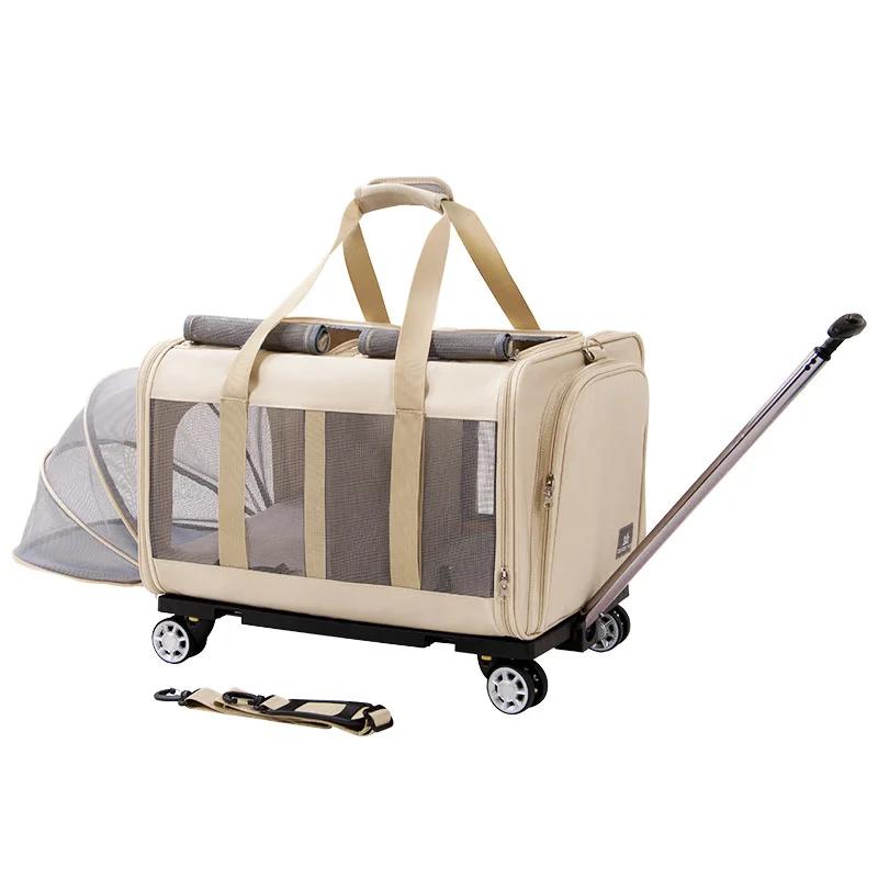 Dog Cats Trolley Case with Wheels Pet Rolling Carrier Breathable with Pad Folding Travel Tote for Kennel Puppy Car Traveling