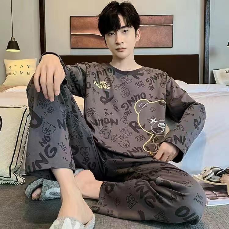 Spring and Autumn Men's New Pajamas Homewear Suit Teenage Sports Long-Sleeved Loose Leisure Large Size Pajamas Homewear Suit