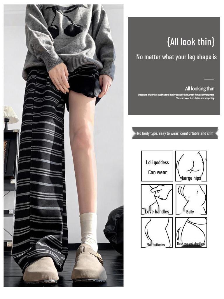Women's High-Waist Fleece-Lined Striped Wide-Leg Pants for Autumn and Winter