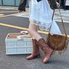 Brown Retro Western Cowboy Boots Women's 2025 New Hollow Mid Boots Embroidered Knight Boots Thick Heel Martin Boots