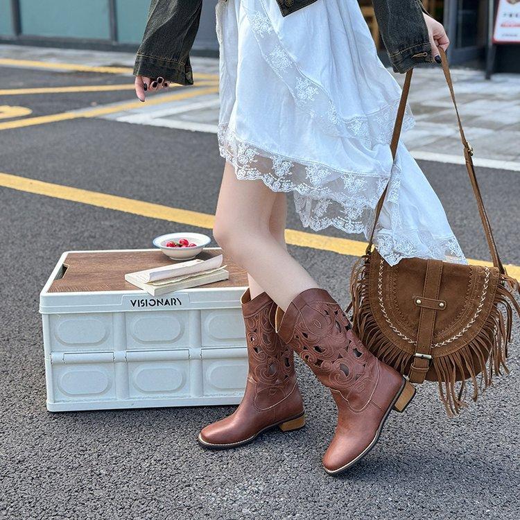 Brown Retro Western Cowboy Boots Women's 2025 New Hollow Mid Boots Embroidered Knight Boots Thick Heel Martin Boots