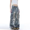 Womens American Retro Graffiti Pocket Wide Leg Jeans High Waist Straight Work Pants Streetwear